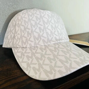 Michael Kors MK Logo Signature Print Baseball Cap Hat White Beige NWT